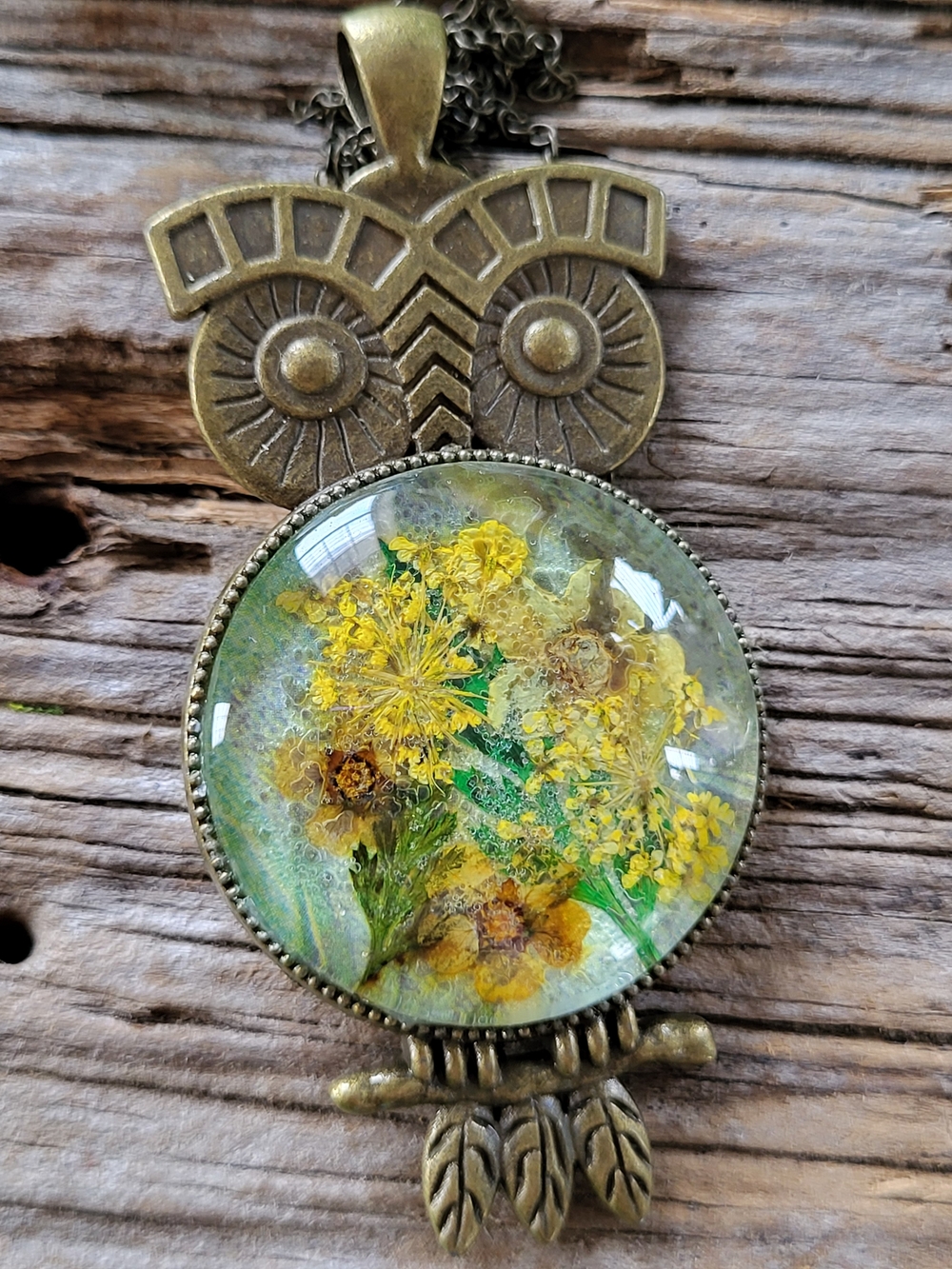 Antique Brass Owl Pendant Necklace with Yellow Floral Glass Cabochon
